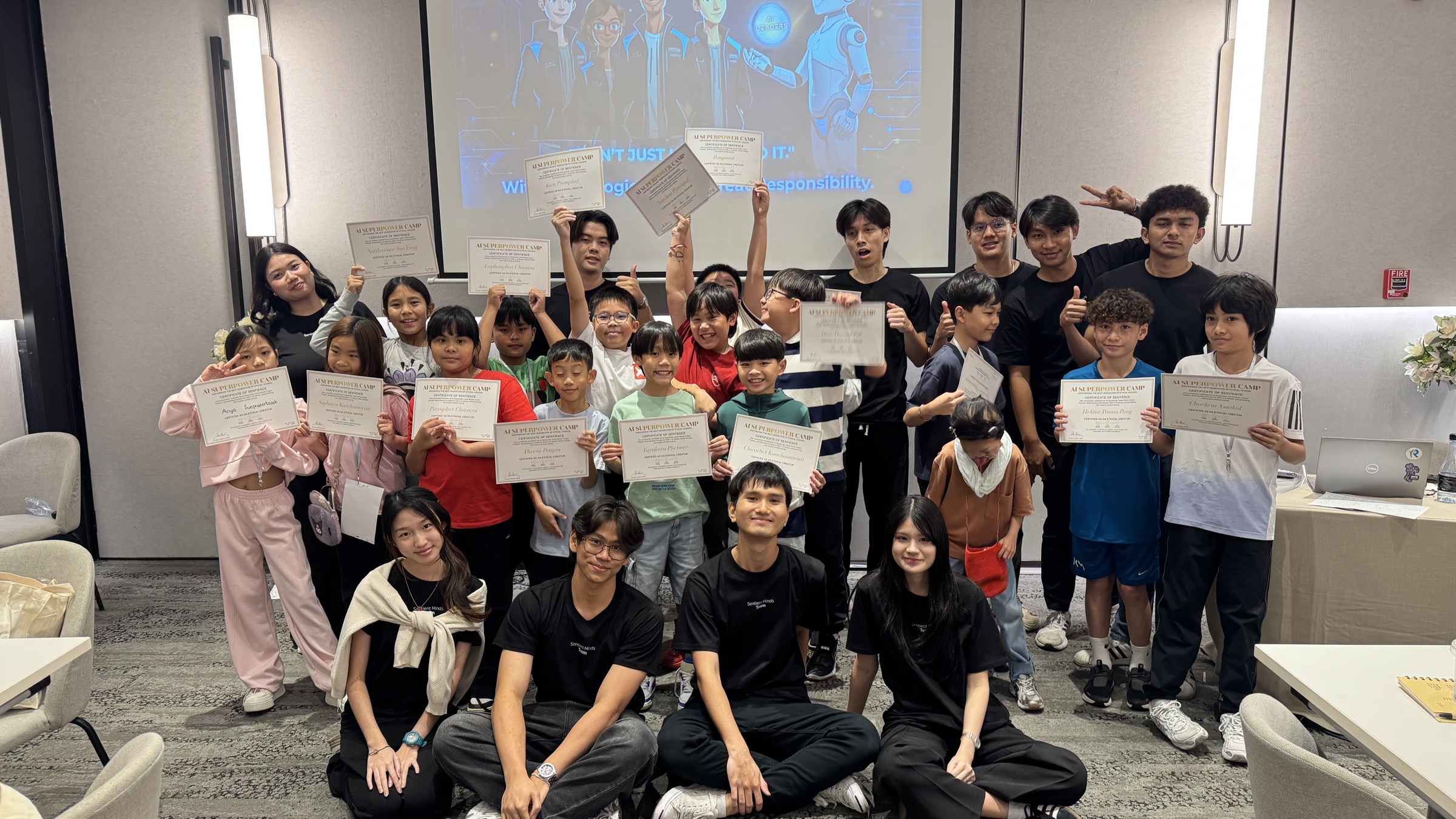 Confident young participants presenting at Sentient Minds AI Superpower Camp